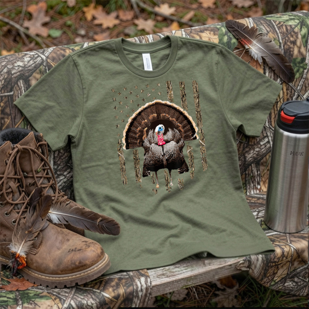 Turkey Hunting Graphic American Flag Tree Camouflage T-Shirt