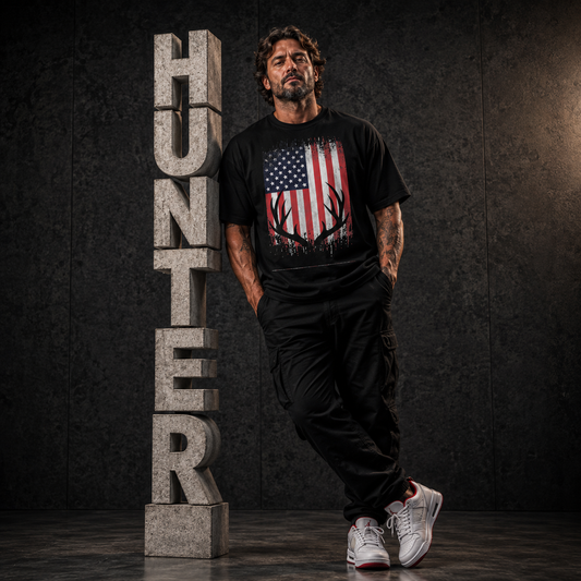 Deer Hunting American Flag Whitetail Buck Antlers Short Sleeve T-Shirt
