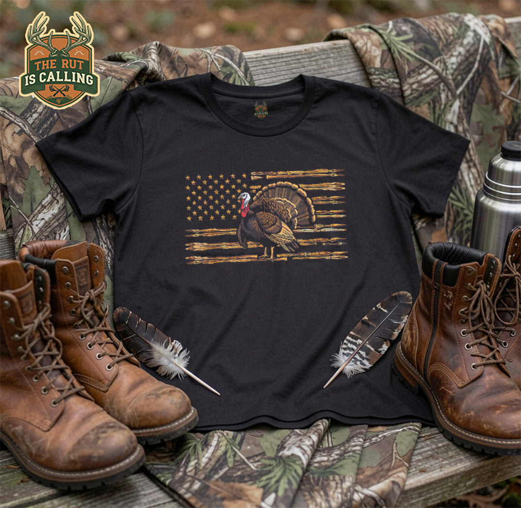 Turkey Hunting Graphic American Flag Tree Camouflage T-Shirt