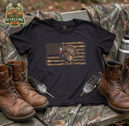 Turkey Hunting Graphic American Flag Tree Camouflage T-Shirt