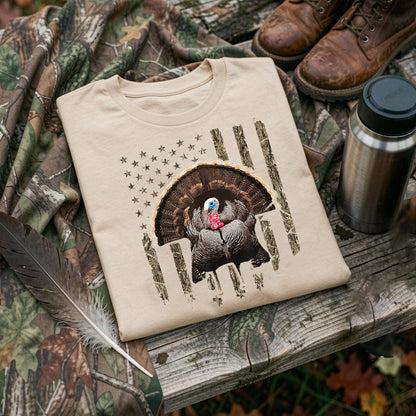 Turkey Hunting Graphic American Flag Tree Camouflage T-Shirt